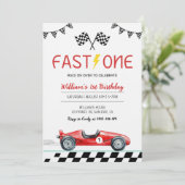 Fast One Racing Car Boy 1st Birthday Party 招待状 (スタンド正面)