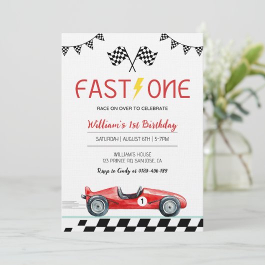 Fast One Racing Car Boy 1st Birthday Party 招待状 (スタンド正面)