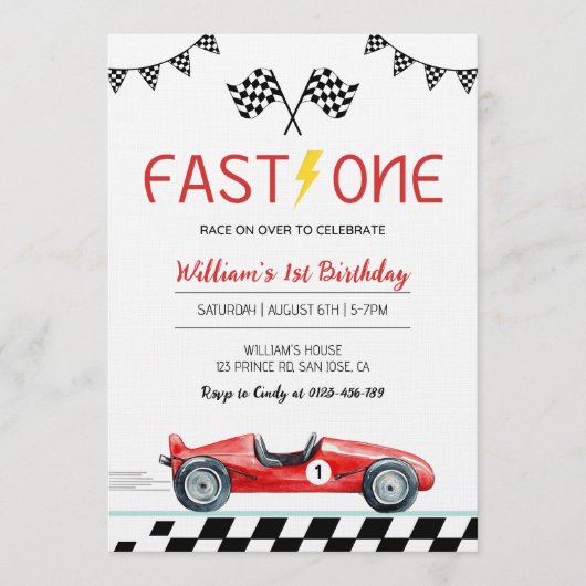 Fast One Racing Car Boy 1st Birthday Party 招待状 (正面)