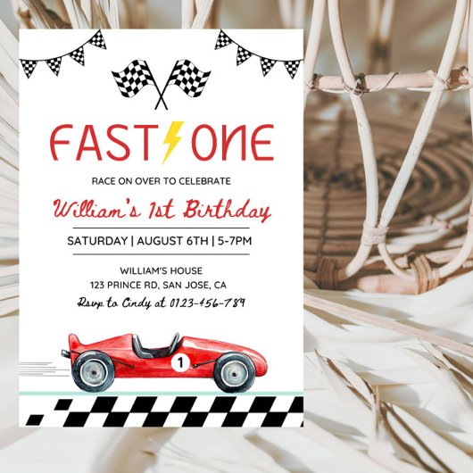 Fast One Racing Car Boy 1st Birthday Party 招待状