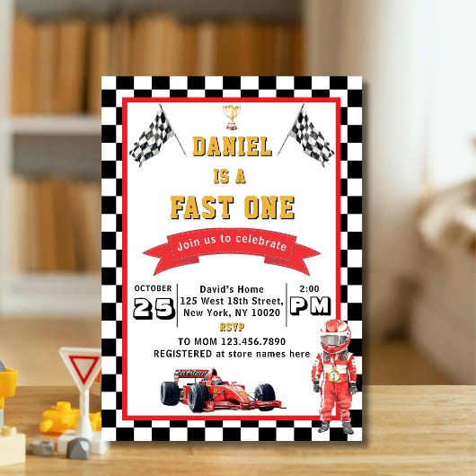 Fast One Racing Theme Checkered Flag Birthday 招待状