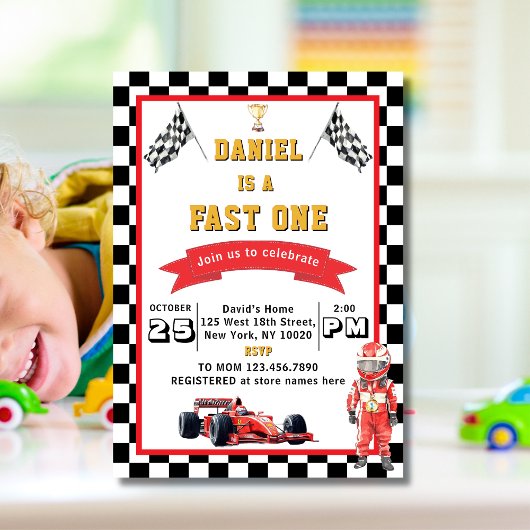 Fast One Racing Theme Checkered Flag Birthday 招待状