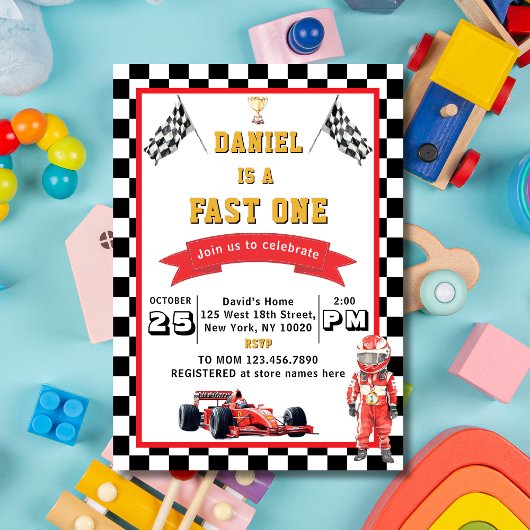 Fast One Racing Theme Checkered Flag Birthday 招待状