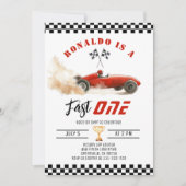 Fast One Redレースカーボーイ1st Birthday写真 招待状 (正面)