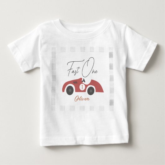 Fast One Red Race Car Boy 1st Birthday ベビーTシャツ (正面)