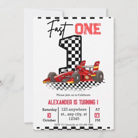  Fast One Speed Red Race 1st Birthday Boy 招待状 (正面)
