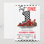  Fast One Speed Red Race 1st Birthday Boy 招待状 (正面/裏面)