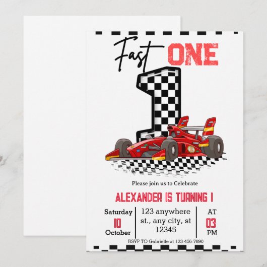  Fast One Speed Red Race 1st Birthday Boy 招待状 (正面/裏面)