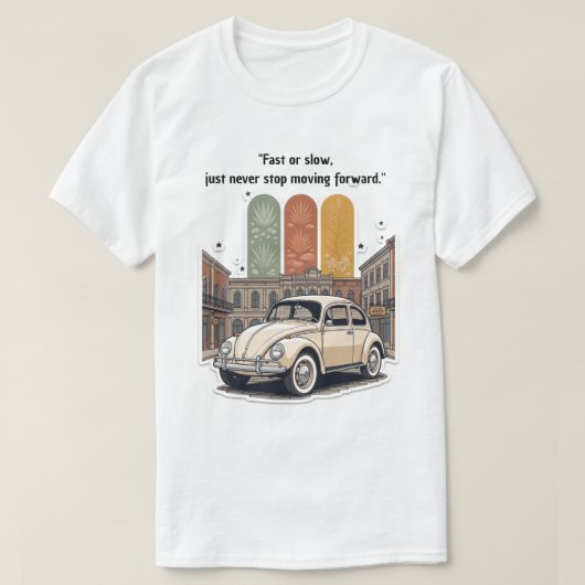 "Fast or Slow" ヴィンテージ ビートル シティ レトロ Tシャツ (デザイン正面)