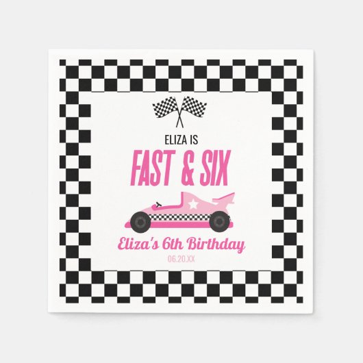 Fast & Six Pink Race Car 6th Birthdayパーティー スタンダードカクテルナプキン (正面)