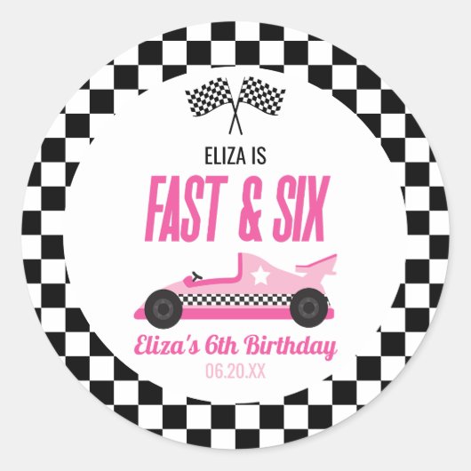 Fast & Six Pink Race Car 6th Birthdayパーティー ラウンドシール (正面)