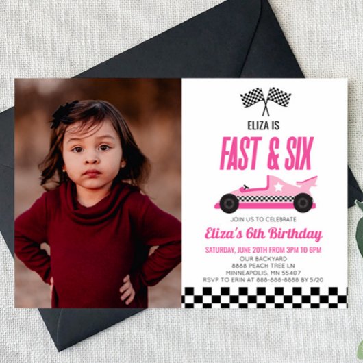 Fast & Six Pink Race Car 6th Birthdayパーティー 招待状