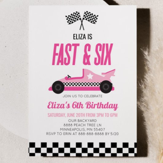 Fast & Six Pink Race Car 6th Birthdayパーティー 招待状