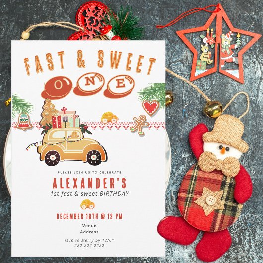 Fast Sweet Christmas Gingerbread Car 1st Birthday 招待状