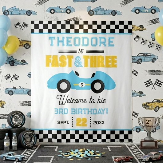 Fast & Three レースカー 3歳の誕生日パーティーの背景 タペストリー
