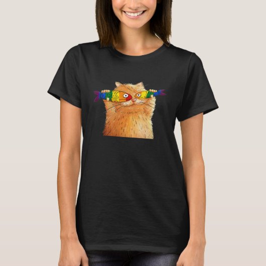 Fat Cat Catching Fish Fishy Eyes Pet LGBT Fish Lov Tシャツ (正面)