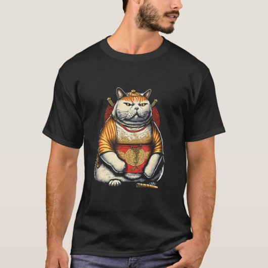 Fat Cute Cat Japanese Samurai Sumo Animal 1 Tシャツ (正面)
