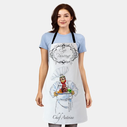 Fat French Chef Serving Gourmet Dinner Paris Cafe エプロン (着用した状態)