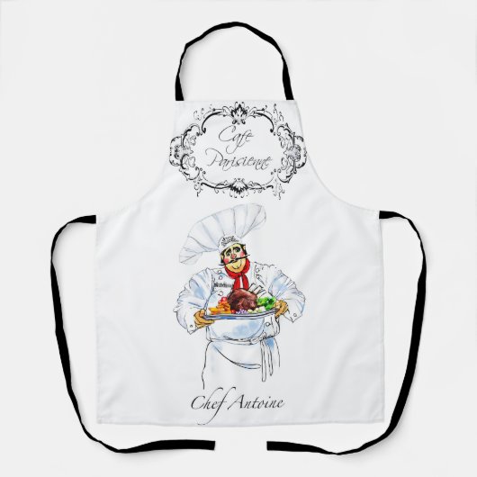 Fat French Chef Serving Gourmet Dinner Paris Cafe エプロン (正面)