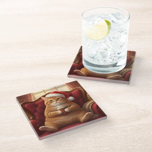 Fat Santa Cat with Hot Chocolate Glass Coaster ガラスコースター (アングル)