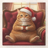 Fat Santa Cat with Hot Chocolate Glass Coaster ガラスコースター (正面)