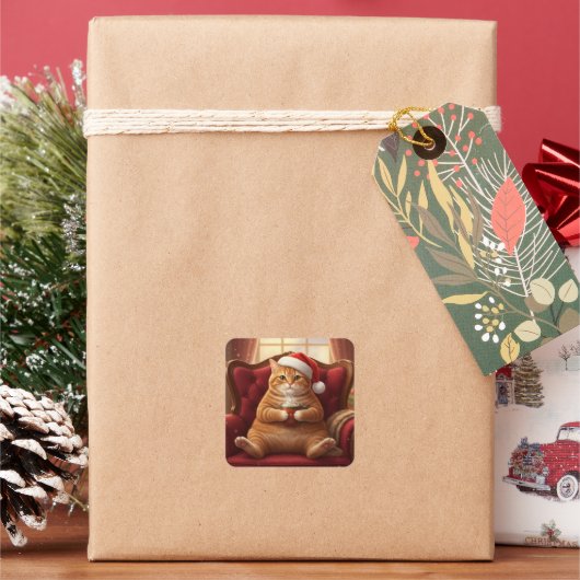 Fat Santa Cat with Hot Chocolate Stickers スクエアシール (クリスマス)