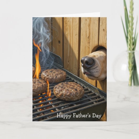 Father's Day Dog Sniffing Hamburgers On a Grill カード (正面)