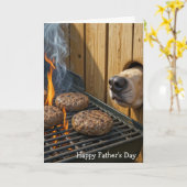 Father's Day Dog Sniffing Hamburgers On a Grill カード (黄色い花)