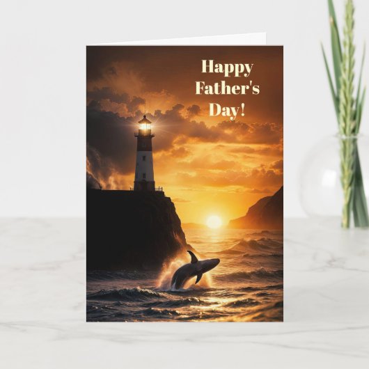 Fathers Day with Lighthouse Whale Sunset Ocean カード (正面)