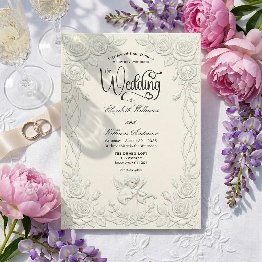 Faux 3D Plaster Effect Floral Angel Wedding 招待状