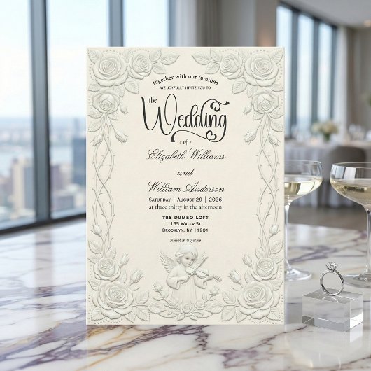 Faux 3D Plaster Effect Floral Angel Wedding 招待状