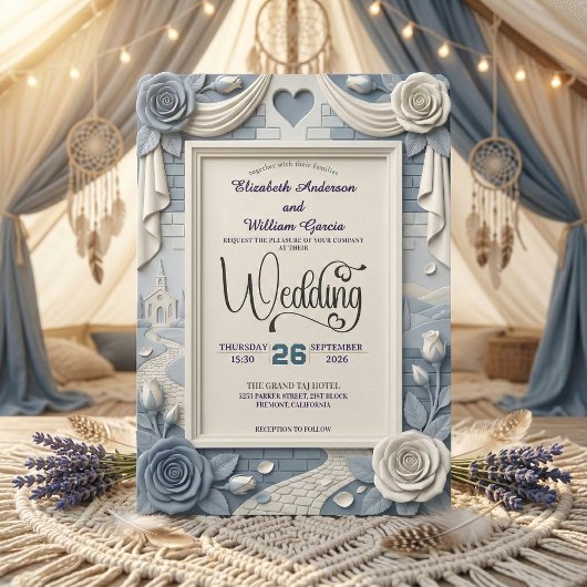 Faux 3D Relief Dusty Blue Floral Wedding  招待状