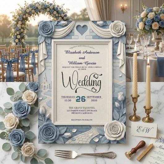Faux 3D Relief Dusty Blue Floral Wedding  招待状