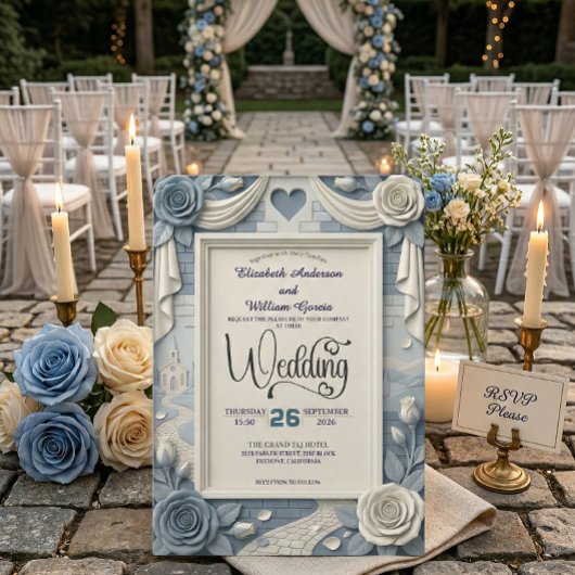 Faux 3D Relief Dusty Blue Floral Wedding  招待状