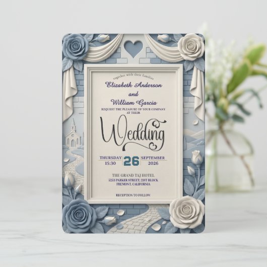 Faux 3D Relief Dusty Blue Floral Wedding  招待状 (スタンド正面)
