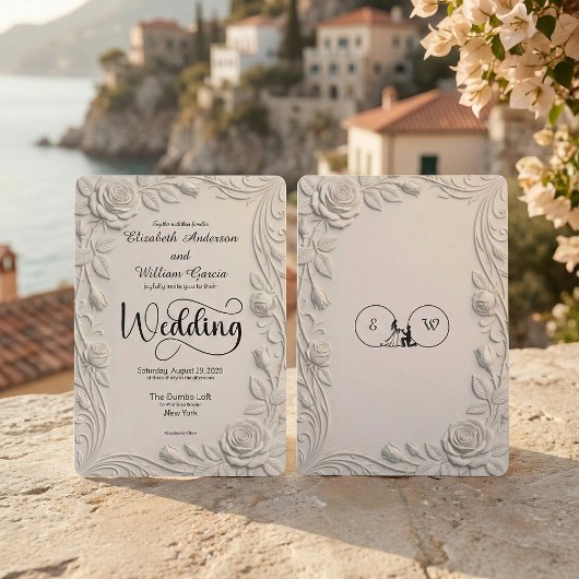 Faux 3D Sculpted Floral Bas Relief Ivory  Wedding 招待状