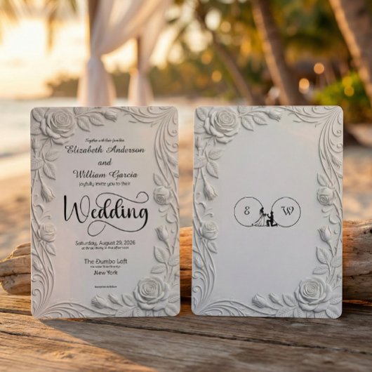 Faux 3D Sculpted Floral Bas Relief Ivory  Wedding 招待状