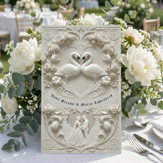 Faux 3D Sculpted Plaster Effect Ivory Wedding  招待状