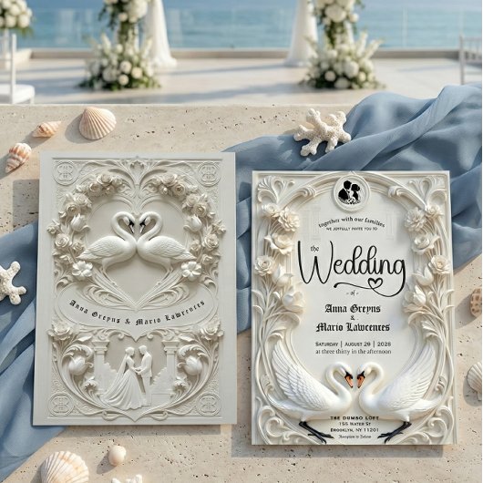 Faux 3D Sculpted Plaster Effect Ivory Wedding  招待状