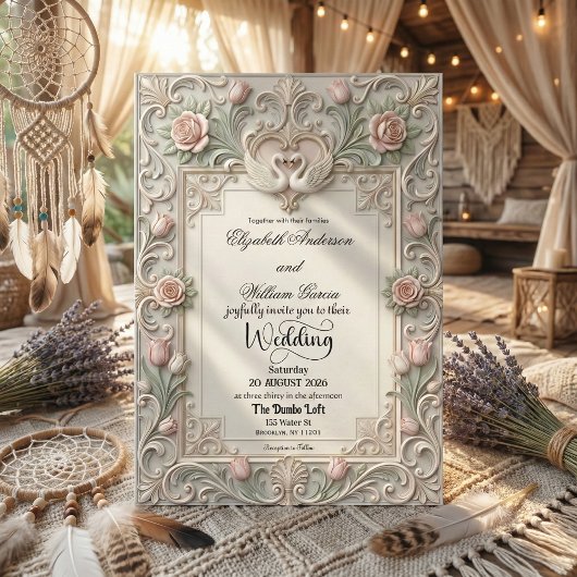 Faux Bas Relief 3D Sculpted Swans 招待状