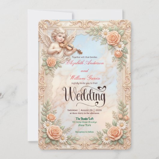 Faux Bas-Relief Marble & Cherub Angel Wedding 招待状 (正面)