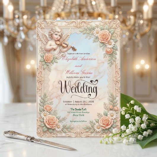 Faux Bas-Relief Marble & Cherub Angel Wedding 招待状
