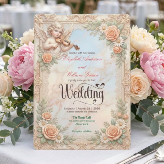 Faux Bas-Relief Marble & Cherub Angel Wedding 招待状