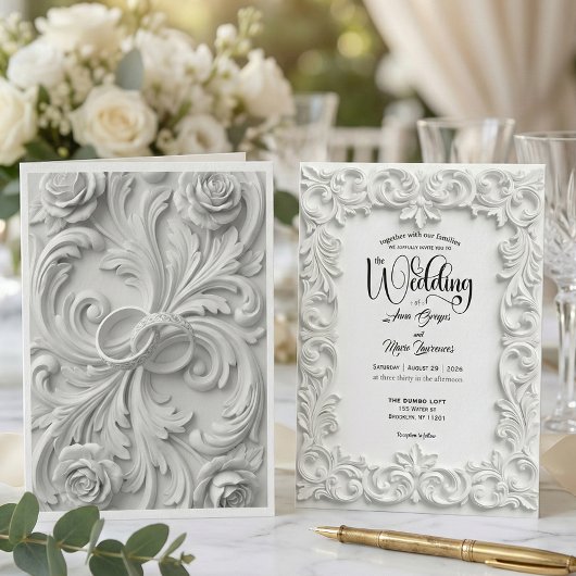 Faux Bas Relief Ornate White Wedding Invitation 招待状