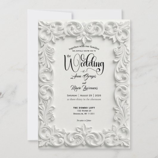 Faux Bas Relief Ornate White Wedding Invitation 招待状 (正面)