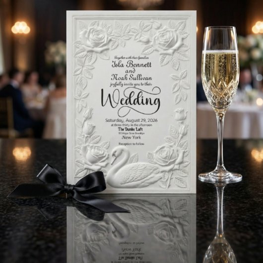 Faux Bas Relief Swan Rose Formal Garden Wedding 招待状