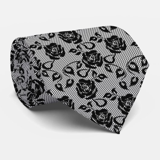 Faux Black Lace Neck Tie Fishnet with Roses ネクタイ (ロール)