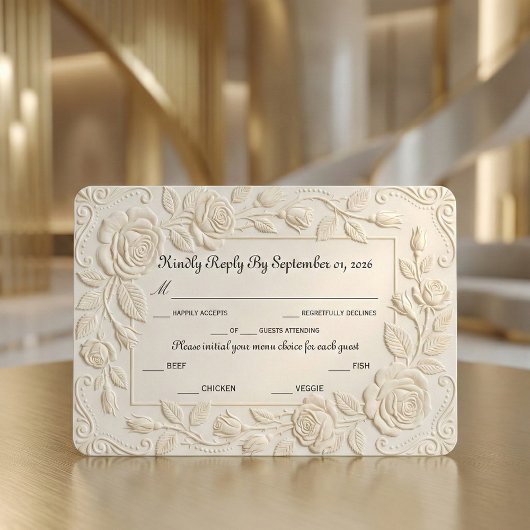 Faux Blind Embossed Floral Sculpture Ivory 出欠カード