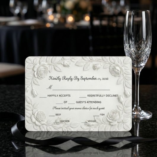 Faux Blind Embossed Rose Floral Bas-Relief Effect 出欠カード