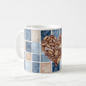 Faux Blue Cream Denim First Coffee Beans Heart コーヒーマグカップ (正面左)